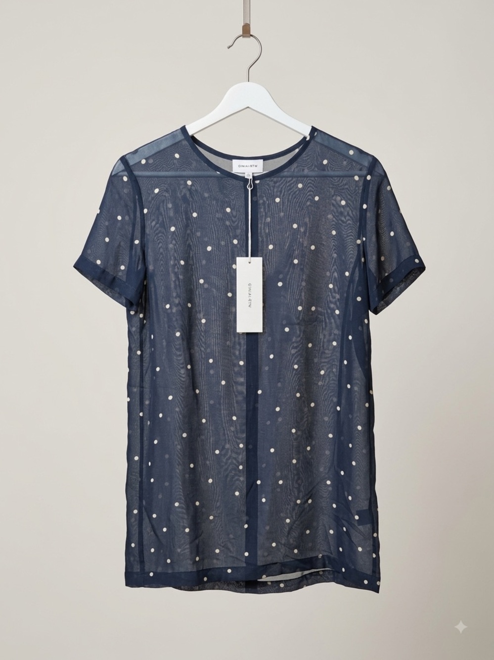 GINIA / RTW Navy Polka Dot Mesh Tee/ Dress / NWT / S / PTP-18”/ Length-32”